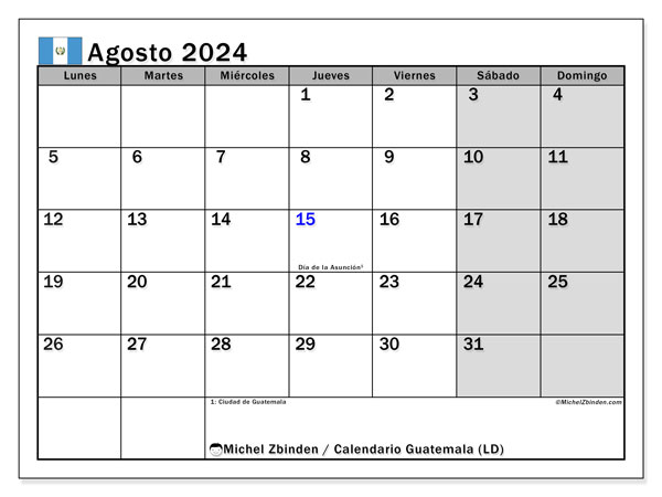 Calendario agosto 2024 “Guatemala”. Horario para imprimir gratis.. De lunes a domingo
