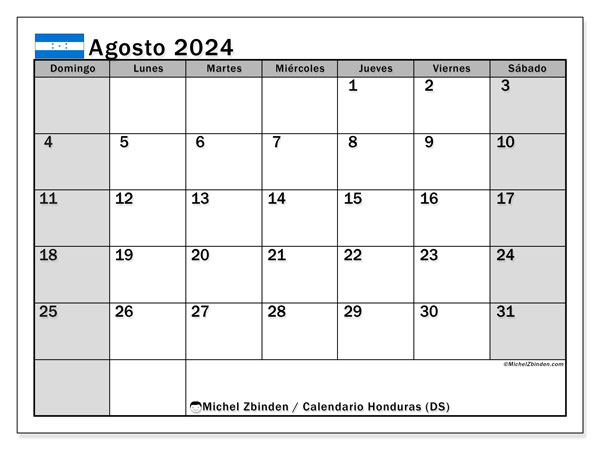Kalender augustus 2024 “Honduras”. Gratis printbare kaart.. Zondag tot zaterdag