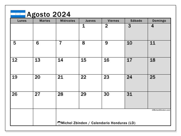 Kalender augustus 2024 “Honduras”. Gratis printbare kaart.. Maandag tot zondag