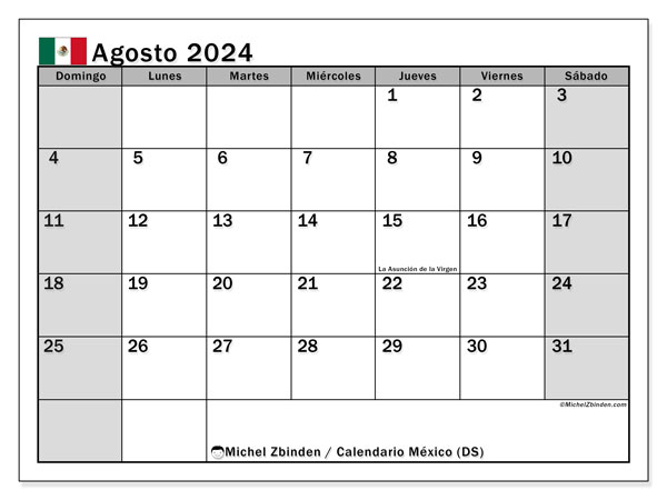 Kalender augustus 2024 “Mexico”. Gratis afdrukbare kalender.. Zondag tot zaterdag