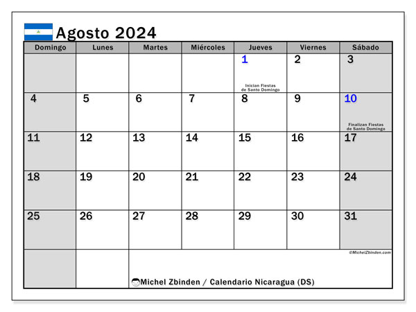 Kalender augustus 2024 “Nicaragua”. Gratis af te drukken agenda.. Zondag tot zaterdag