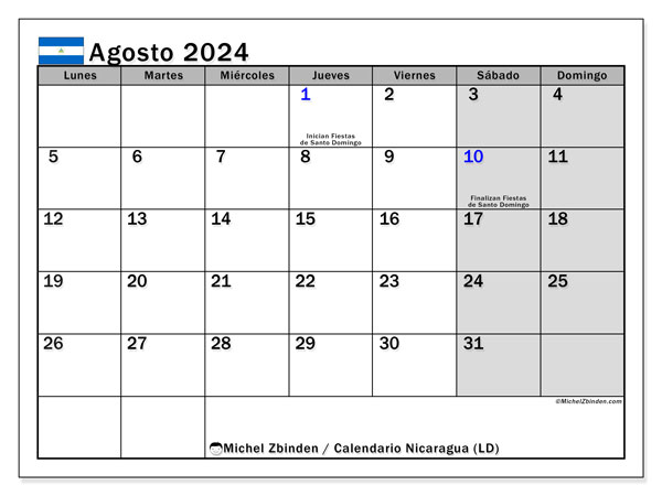 Kalender augustus 2024 “Nicaragua”. Gratis af te drukken agenda.. Maandag tot zondag