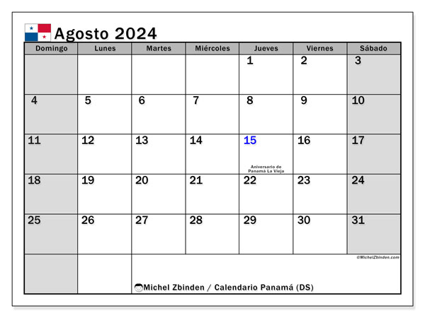 Kalender augustus 2024 “Panama”. Gratis printbare kaart.. Zondag tot zaterdag