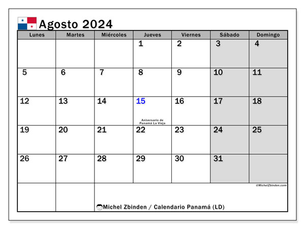 Kalender augustus 2024 “Panama”. Gratis printbare kaart.. Maandag tot zondag
