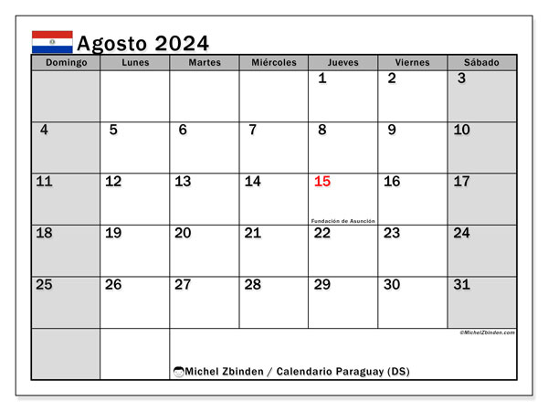 Kalender augustus 2024 “Paraguay”. Gratis af te drukken agenda.. Zondag tot zaterdag