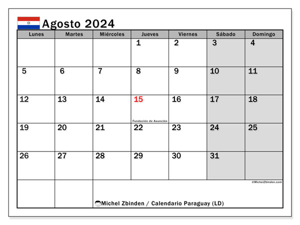 Kalender augustus 2024 “Paraguay”. Gratis af te drukken agenda.. Maandag tot zondag