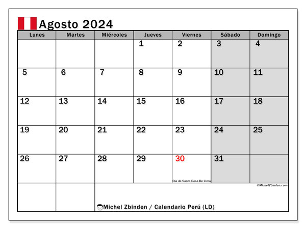 Kalender augustus 2024 “Peru”. Gratis printbare kaart.. Maandag tot zondag
