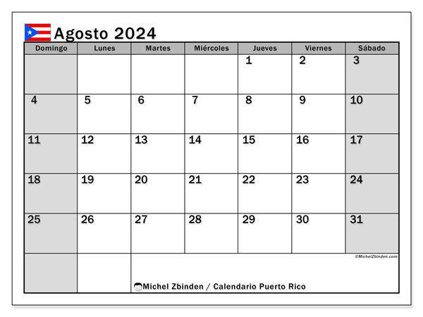 Porto Rico, calendario de agosto de 2024, para su impresión, de forma gratuita.