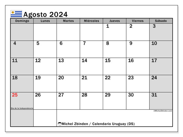 Calendario agosto 2024 “Uruguay”. Horario para imprimir gratis.. De domingo a sábado