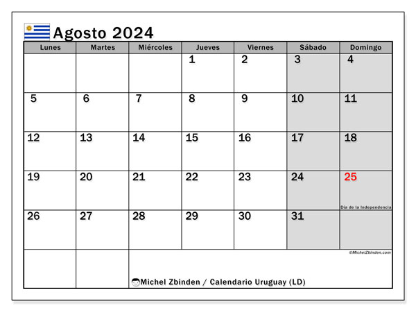 Kalender augustus 2024 “Uruguay”. Gratis printbaar schema.. Maandag tot zondag