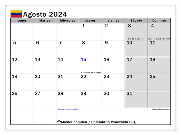 Kalender augustus 2024 “Venezuela”. Gratis printbare kaart.. Maandag tot zondag