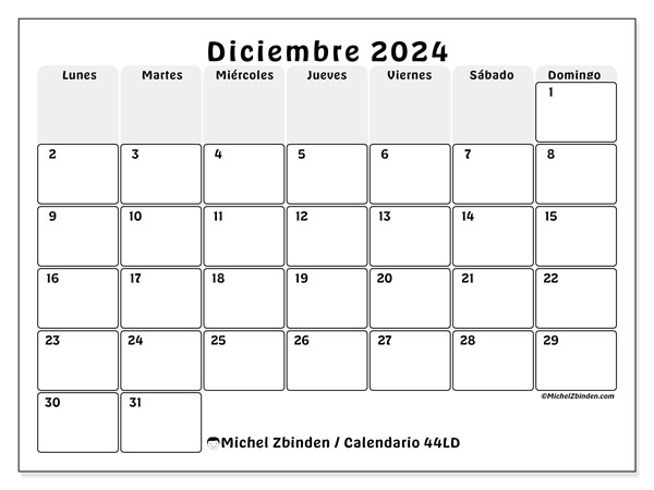 Calendario diciembre 2024, 44DS. Diario para imprimir gratis.