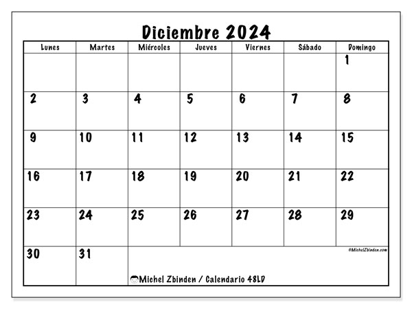 Calendario diciembre 2024 “48”. Horario para imprimir gratis.. De lunes a domingo