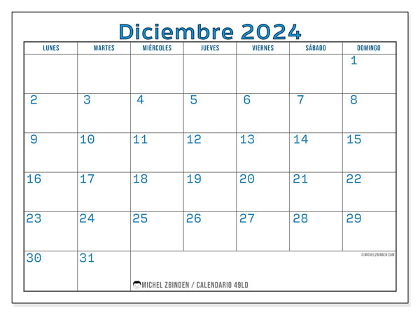 Calendario diciembre 2024, 49LD. Calendario para imprimir gratis.