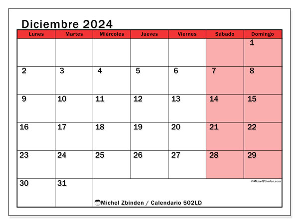 Calendario diciembre 2024, 502LD. Calendario para imprimir gratis.