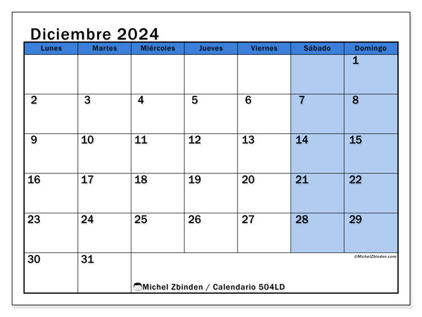 Calendario para imprimir, diciembre 2024, 504LD