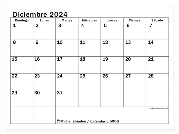 Calendario diciembre 2024 “50”. Diario para imprimir gratis.. De domingo a sábado