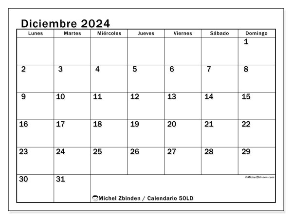 Calendario diciembre 2024 “50”. Diario para imprimir gratis.. De lunes a domingo