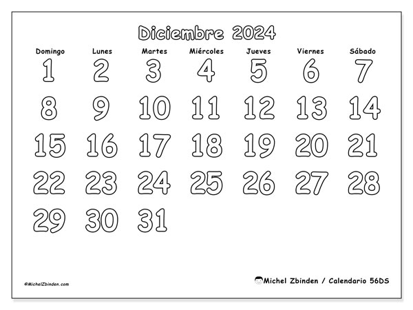 56DS, calendario de diciembre de 2024, para su impresión, de forma gratuita.
