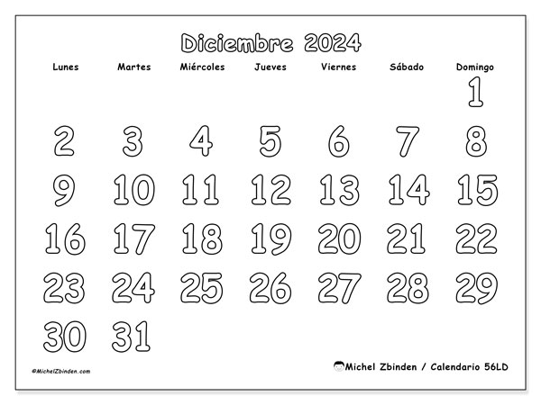 Calendario para imprimir, diciembre 2024, 56LD