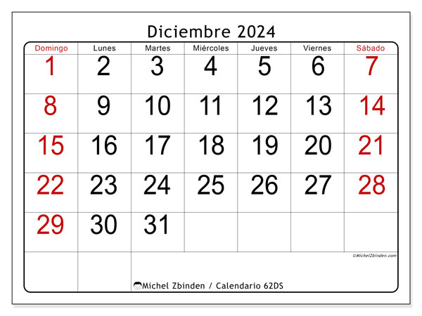 Calendario diciembre 2024, 62DS. Calendario para imprimir gratis.