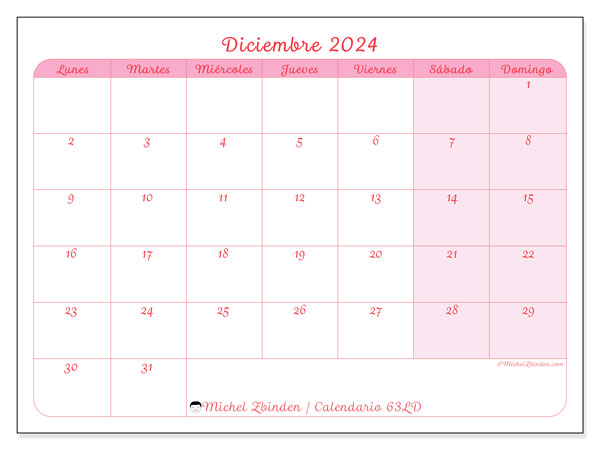 Calendario para imprimir, diciembre 2024, 63LD