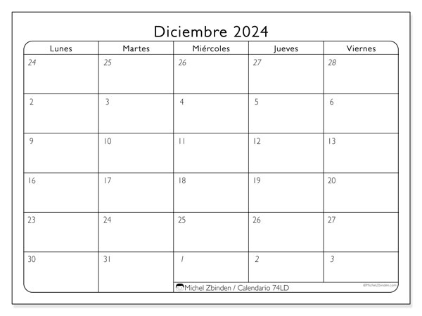 74LD, calendario de diciembre de 2024, para su impresión, de forma gratuita.