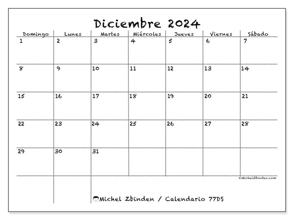 Calendario diciembre 2024, 77DS. Calendario para imprimir gratis.
