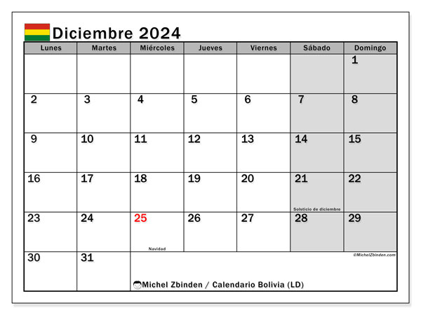 Bolivia (LD), calendario de diciembre de 2024, para su impresión, de forma gratuita.