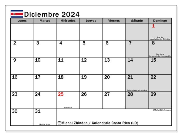 Costa Rica (LD), calendario de diciembre de 2024, para su impresión, de forma gratuita.