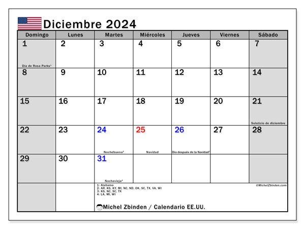 Calendario para imprimir, diciembre 2024, Estados Unidos