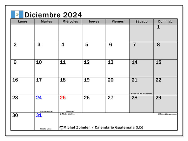 Calendario para imprimir, diciembre 2024, Guatemala (LD)