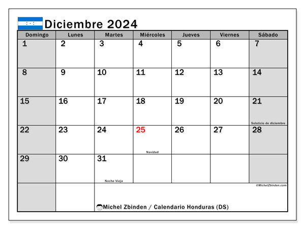 Calendario diciembre 2024 “Honduras”. Programa para imprimir gratis.. De domingo a sábado