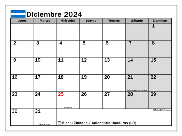 Calendario diciembre 2024 “Honduras”. Programa para imprimir gratis.. De lunes a domingo
