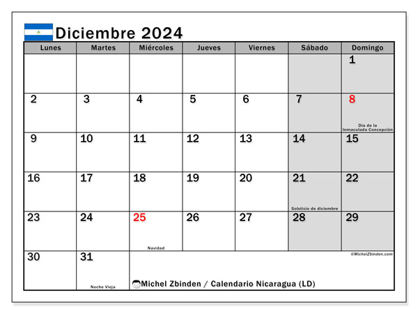 Nicaragua (LD), calendario de diciembre de 2024, para su impresión, de forma gratuita.
