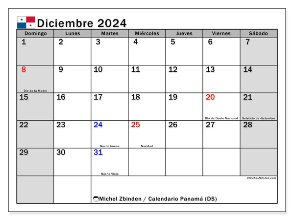 Calendario para imprimir, diciembre 2024, Panamá (DS)