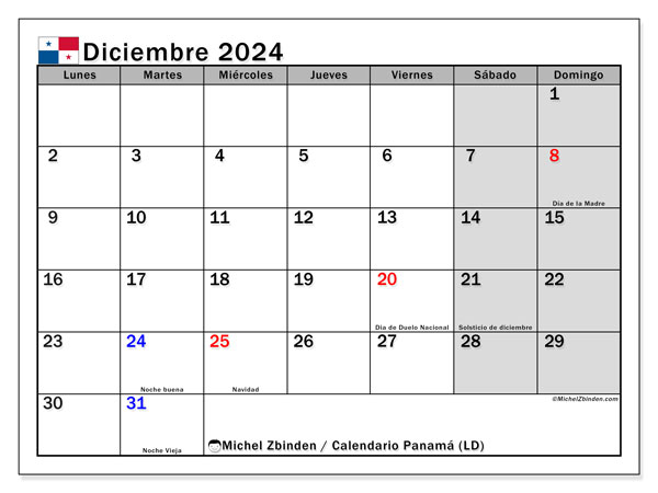 Calendario para imprimir, diciembre 2024, Panamá (LD)