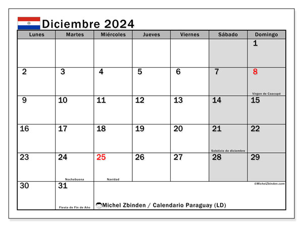 Paraguay (LD), calendario de diciembre de 2024, para su impresión, de forma gratuita.