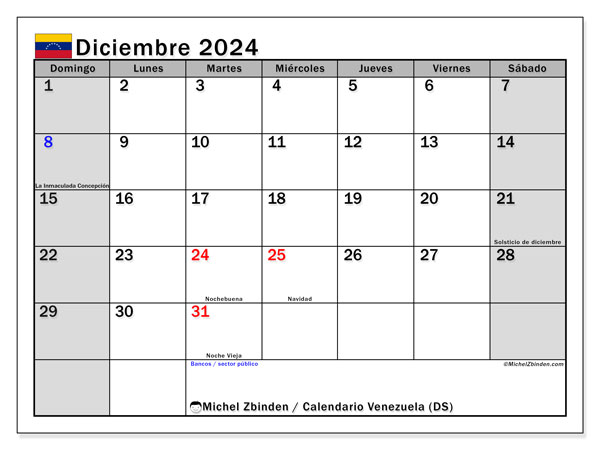 Calendario para imprimir, diciembre 2024, Venezuela (DS)