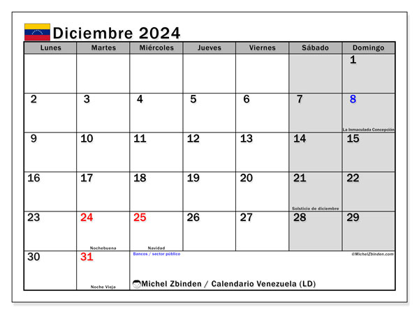 Calendario para imprimir, diciembre 2024, Venezuela (LD)