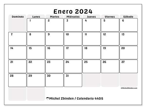 Calendario enero 2024 “44”. Calendario para imprimir gratis.. De domingo a sábado
