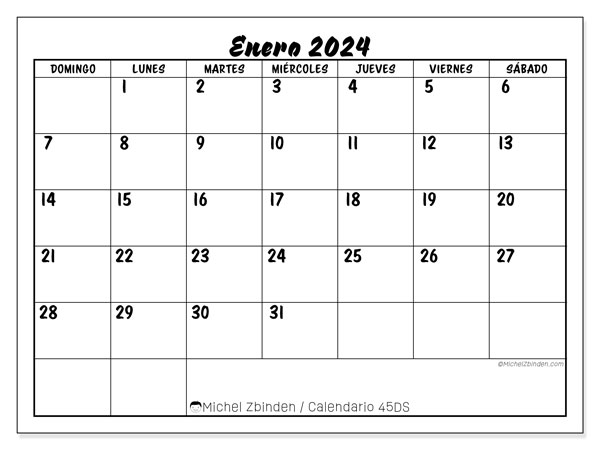 Calendario enero 2024 “45”. Diario para imprimir gratis.. De domingo a sábado