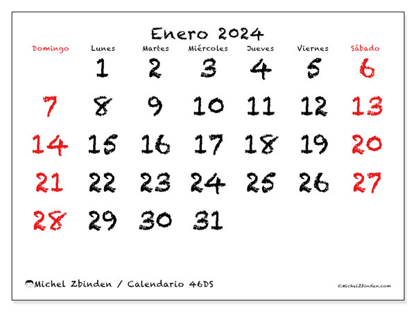 Calendario enero 2024, 46DS. Diario para imprimir gratis.