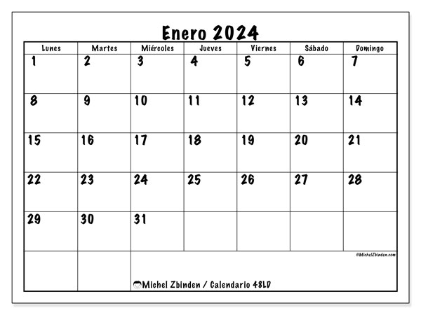 Calendario enero 2024 “48”. Diario para imprimir gratis.. De lunes a domingo