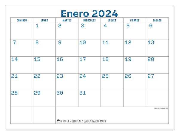 Calendario enero 2024 “49”. Diario para imprimir gratis.. De domingo a sábado
