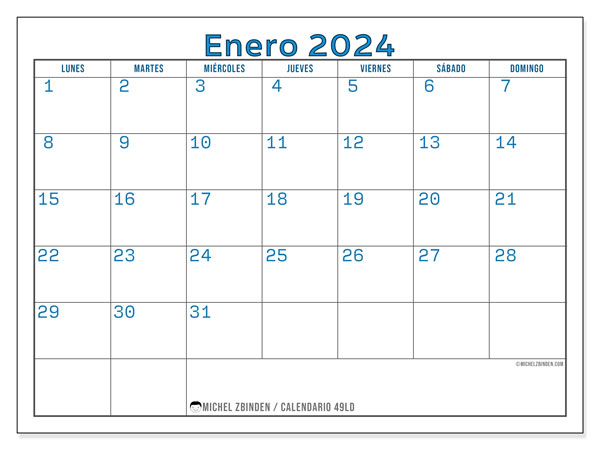 Calendario enero 2024, 49LD. Calendario para imprimir gratis.
