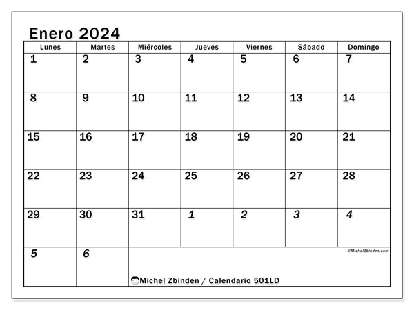 Calendario enero 2024 “501”. Programa para imprimir gratis.. De lunes a domingo