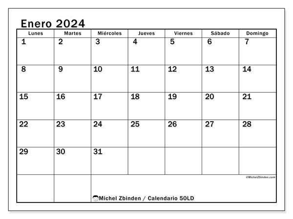 Calendario enero 2024 “50”. Diario para imprimir gratis.. De lunes a domingo