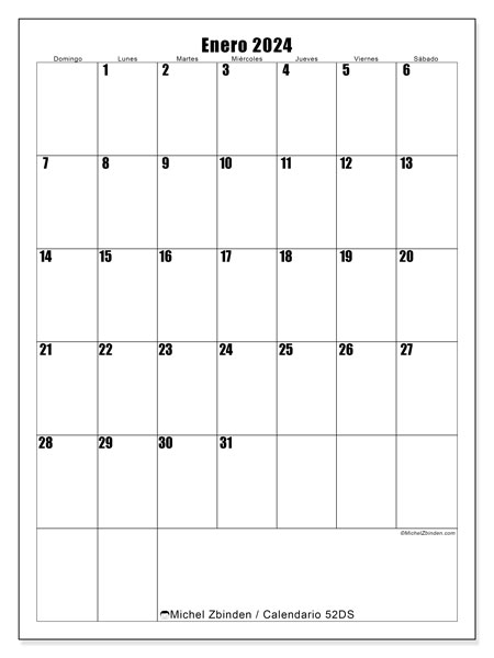 Calendario enero 2024 “52”. Calendario para imprimir gratis.. De domingo a sábado
