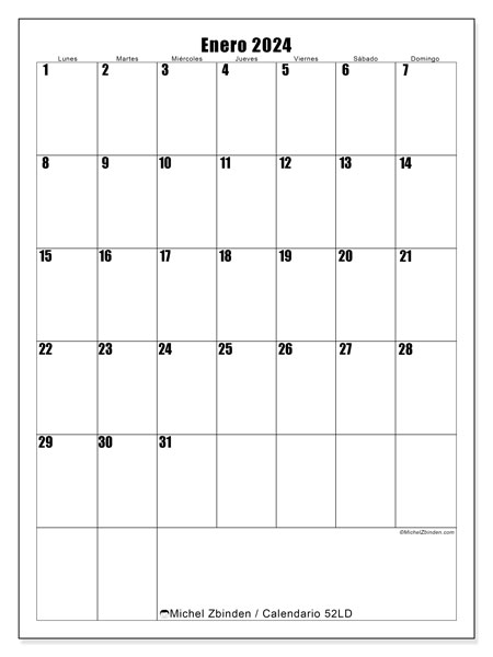 Calendario enero 2024 “52”. Diario para imprimir gratis.. De lunes a domingo